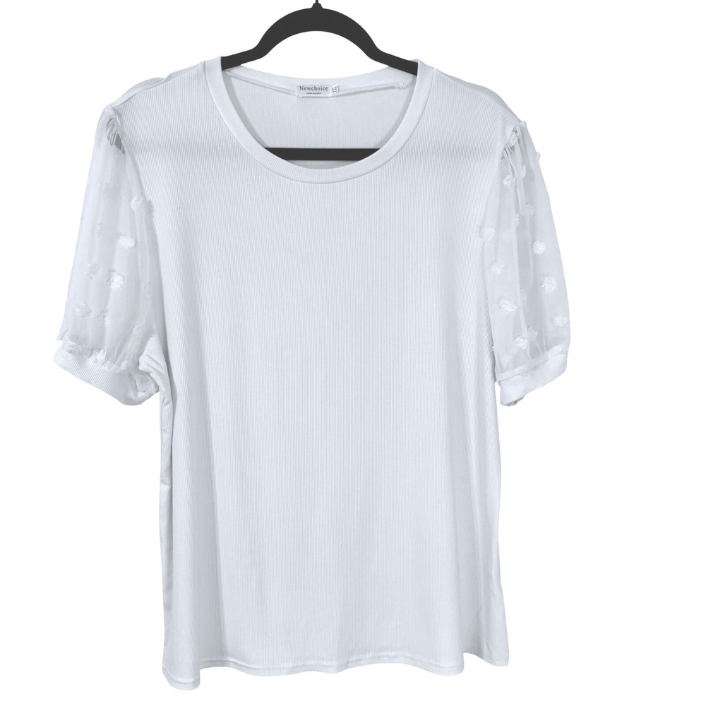 Newchoice White Ribbed Crew‎ Neck Swiss Dot Mesh Puff Sleeve Top XXL Coquette
